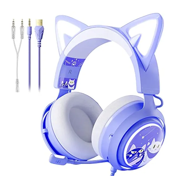 SOMIC Cat Headphones, Purple Gaming Headset 3.5 Cat Ear Headphones with Retractable Mic Noise Cancelling, Stereo Sound, Kitty Headphones for PC, Laptop, PS4/5, Xbox One(Only White LED Light)
