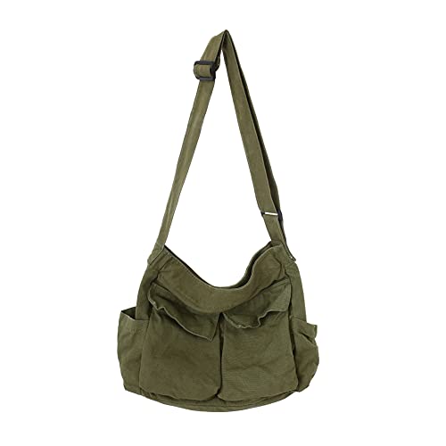 Canvas Messenger Bag Large Hobo Crossbody Bag with Multiple Pockets Canvas Shoulder Tote Bag for Women and Men - Army Green