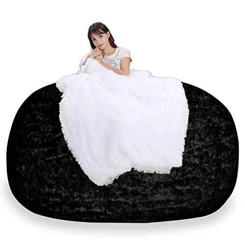 FAFAD 7ft Giant Bean Bag Chair for Adults, Big Bean Bag Cover Comfy Large Bean Bag Bed (No Filler, Cover only) Fluffy Lazy Sofa (Black), 7ft(180*90cm) - 7ft(180*90cm) - Black