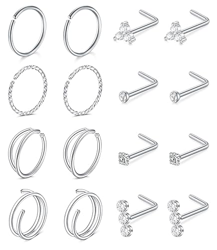 MODRSA Nose Rings 20g Nose Rings Hoops Nose Studs Nose Rings for Women Surgical Steel Nose Hoops 20 gauge Nose Screw Nose Piercing Jewelry Silver Rose Gold - A4-20g-Silver