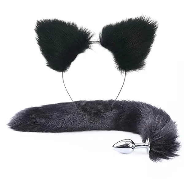 Anal Plug Butt Plug, 2Pcs/Set Sex Fox Tail Anales Plug Toys Butt Plugs with Cat Ears Headband Anal Sex Toys for Women Man Beginners Adult Couples Bondage, Black