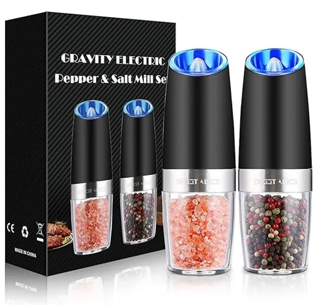 Sweet Alice Gravity Electric Pepper and Salt Grinder Set, Adjustable Coarseness, Battery Powered with LED Light, One Hand Automatic Operation, Stainless Steel Black, 2 Pack - 2.5*2.5*7.9inch - Set/Black