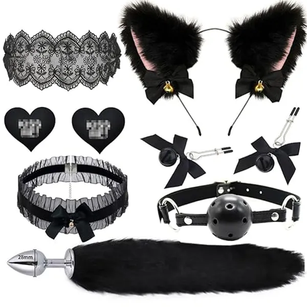 LJJCSFF Fox Animal Costume Set Furry Ear Headband Bunny Fox Tail Anal Plug Lace Choker Nipple Breast Clamp Clip Cat Claw Sock