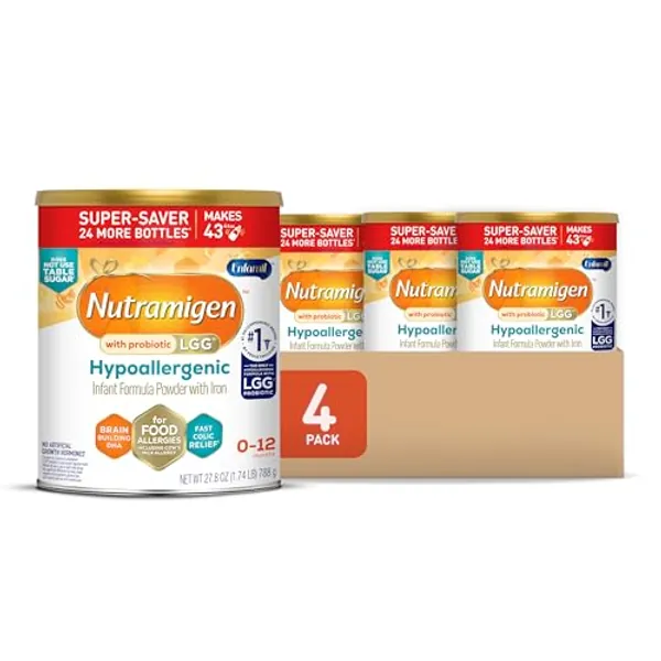 Enfamil Nutramigen Hypoallergenic Baby Formula with Iron, Lactose Free, Colic Relief from Cow's Milk Allergy Starts in 24 Hours, Brain Building DHA, Probiotic LGG for Immune Support, 27.8 Oz, 4 Count