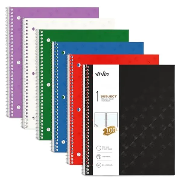 ViVin Spiral Notebooks 6 Pack, 1 Subject, 8.5" x 10.5", College Ruled, 100 Sheets, Plastic Cover, Movable Pocket Divider, Assorted 6 Colors
