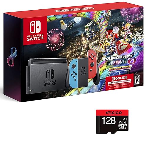 Nintendo 2021 Switch Console Family Holiday Bundle - Neon Mario, 6.2" Touchscreen LCD Display, Bluetooth + NexiGo_ 128GB MicroSD Card Bundle