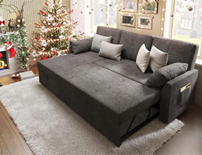 VanAcc Sleeper Sofa, Sofa Bed- 2 in 1 Pull Out Couch Bed with Storage Chaise for Living Room, Sofa Sleeper with Pull Out Bed, Grey Linen Couch - 84in x 59in - Grey