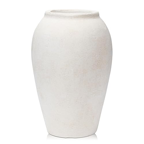 Oairse Handmade Flower Vase 25CM Tall Terracotta Vase, Vintage Ceramic Vase for Flowers Rustic Antique Vase Décor Wide Mouth Matte Finish for Home Office Resto Café Decoration - Cream