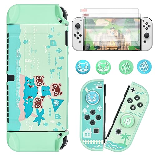 DLseego Case for Nintendo Switch OLED, Shock Absorption and Anti-Scratch PC Case with 2 Tempered Glass Film and 4 Thumb Grip Compatible with Switch OLED 2021 Release, Animal Crossing - Green