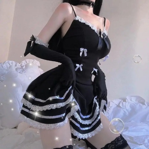 French Maid Lace Ruffle Dress with Matching Gloves