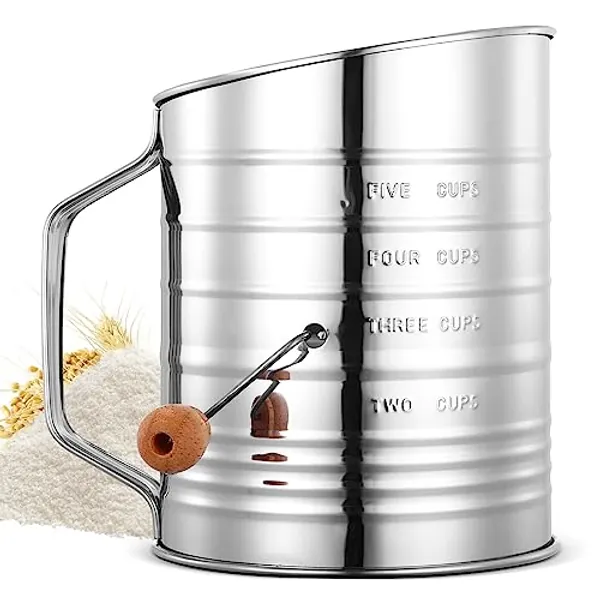 COZHYESS Flour Sifter, Stainless Steel Flour Sifter, 5 Cup Rotary Hand Crank Flour Sieve Cup, with 2 Wire Stirrers, Quick Sieving, make flour fine, for Flour, Sugar, Cinnamon, Spice Powder