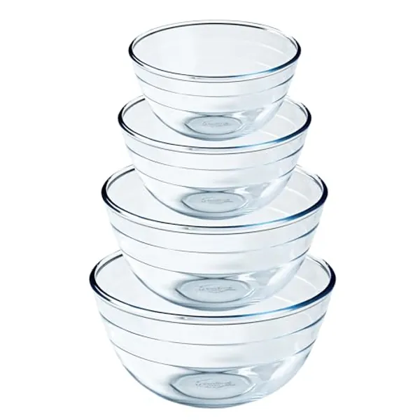 Ôcuisine® Bowl Glass Round Mixing & Prep Bowls | Extreme Resistance | Oven Safe - Freezer Safe - Microwave Safe | Borosilicate Glass | Made in France (Bowl Set of 4 (0.5, 1, 2, 3LT))