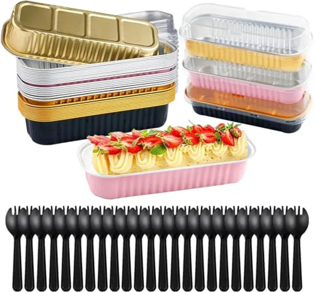Jogoico Mini Loaf Cake Cases 30PCS Mini Loaf Tins with Lids & Spoons, 200ml Mini Cake Tins Rectangular Aluminum Foil Baking Pans Reusable Cupcake Cases Mini Loaf Pans for Bread Cake Wedding Birthday