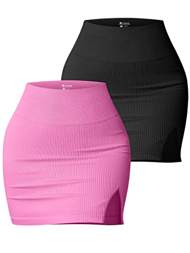 OQQ Women's 2 Piece Skirts Basic Casual Versatile Stretchy Ribbed Split High Waist Mini Skirt - Small - Black Rose