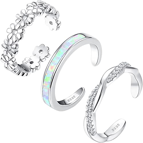 FIASASO 3Pcs 925 Sterling Silver Toe Rings for Women Adjustable 14K White Gold Plated Flower Twist Opal Band Rings Summer Beach Open Toe Rings Foot Jewelry Set - Silver