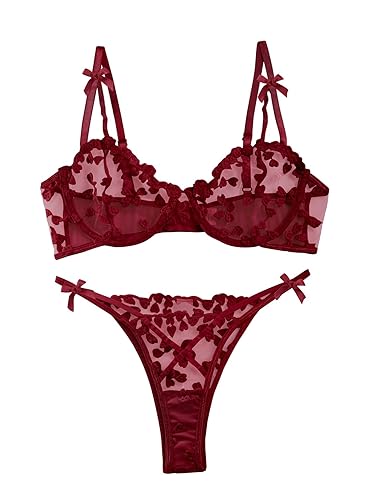 Lilosy Sexy Underwire Cute Push Up Strappy Embroidered Mesh Sheer Lingerie Set See Through Panty Bra - Bows - Small - Bow Burgundy Red