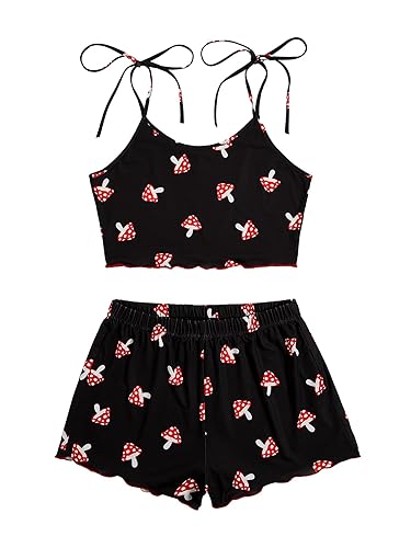 SweatyRocks Women's Summer Strawberry Print Cami Top and Shorts Sleepwear Pajamas Set - Small - Black and Red