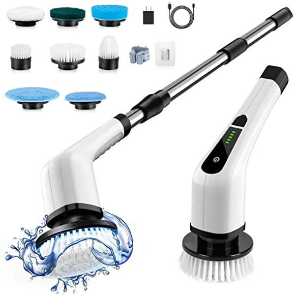 Bomves Cordless Electric Spin Scrubber, Cleaning Brush Scrubber for Home, 400RPM/Mins-8 Replaceable Brush Heads-90Mins Work Time, 3 Adjustable Size, 2 Speeds for Bathroom Shower Bathtub Glass Car