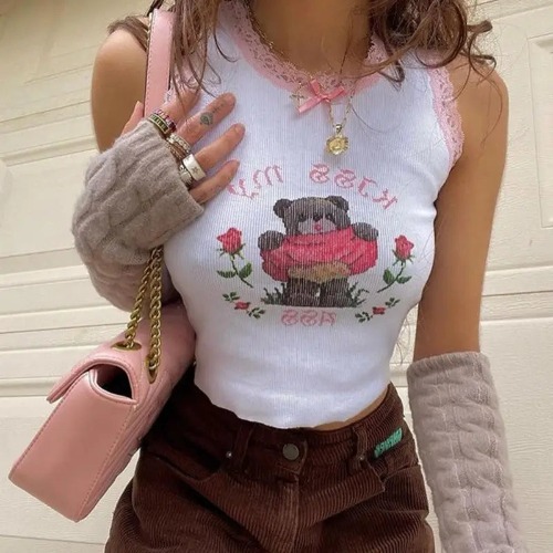 White Teddy Bear Crop Top with Lace Ruffle Trim - M