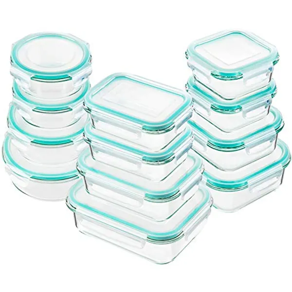 Bayco Glass Food Storage Containers with Lids, [24 Piece] Meal Prep, Airtight Bento Boxes, BPA Free & Leak Proof (12 lids & 12 Containers) - Blue