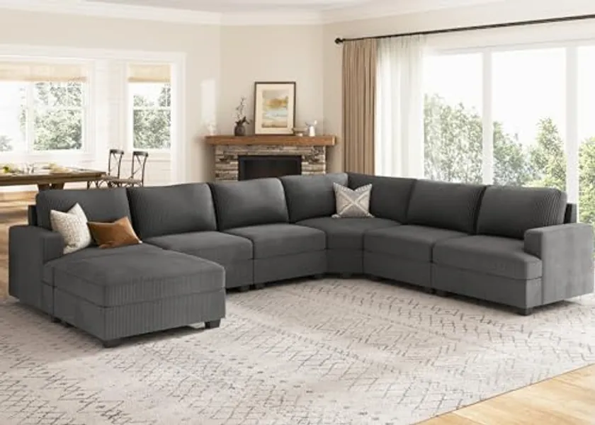 Nolany Modular Sectional Couch with Storage Ottoman, U Shape Sectional Sofa with Chaise, Corduroy Sectional Couches for Living Room, Dark Grey