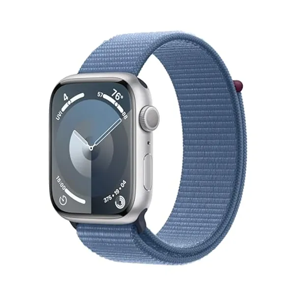 Apple Watch Series 9 [GPS 45mm] Smartwatch with Silver Aluminum Case with Winter Blue Sport Loop One Size. Fitness Tracker, ECG Apps, Always-On Retina Display, Carbon Neutral