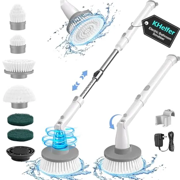 kHelfer Electric Spin Scrubber Kh8, 2024 Upgrade Cordless Shower Scrubber 8 Replacement Head, 1.5H Bathroom Scrubber Dual Speed, Shower Cleaning Brush with Extension Arm for Bathtub Tile Floor