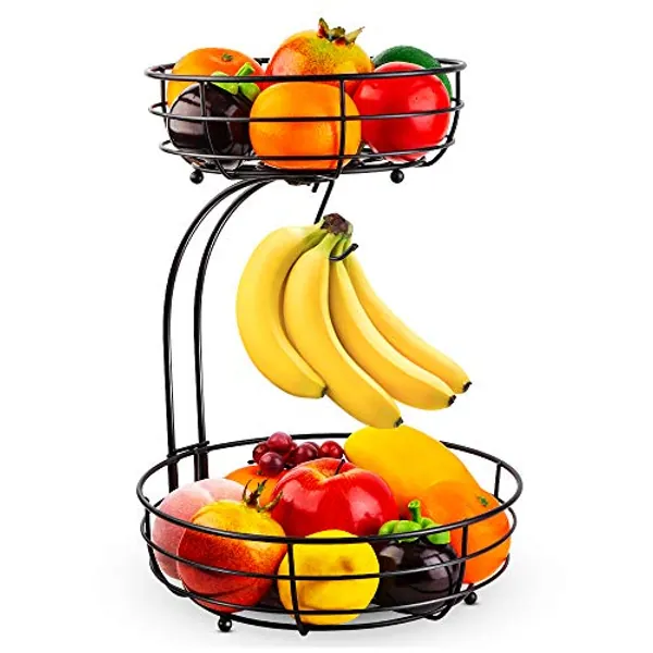 Auledio Iron 2-Tier Countertop Fruit Vegetables Basket Bowl Storage With Banana Hanger, Black, 64 ounces