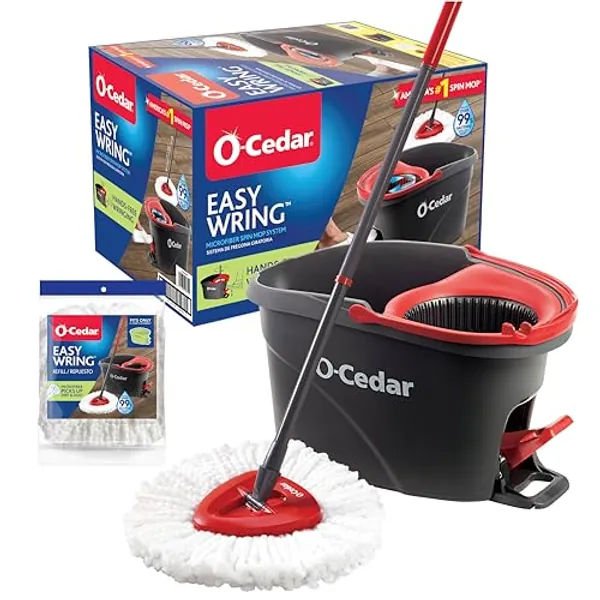 O-Cedar Easywring Microfiber Spin Mop & Bucket Floor Cleaning System with 1 Extra Refill,Red / Gray