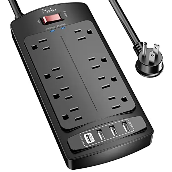 Surge Protector Power Strip - Nuetsa Flat Plug Extension Cord with 8 Outlets and 4 USB Ports, 6 Feet Power Cord (1625W/13A), 2700 Joules, ETL Listed, Black