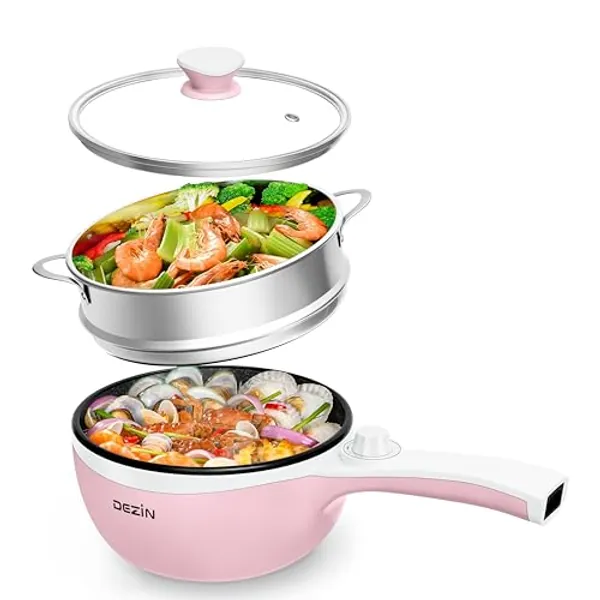 Dezin Hot Pot Electric with Steamer Upgraded, Non-Stick Sauté Pan, Rapid Noodles Electric Pot, 1.5L Mini Pot for Steak, Egg, Fried Rice, Ramen, Oatmeal, Soup with Power Adjustment (Egg Rack Included)
