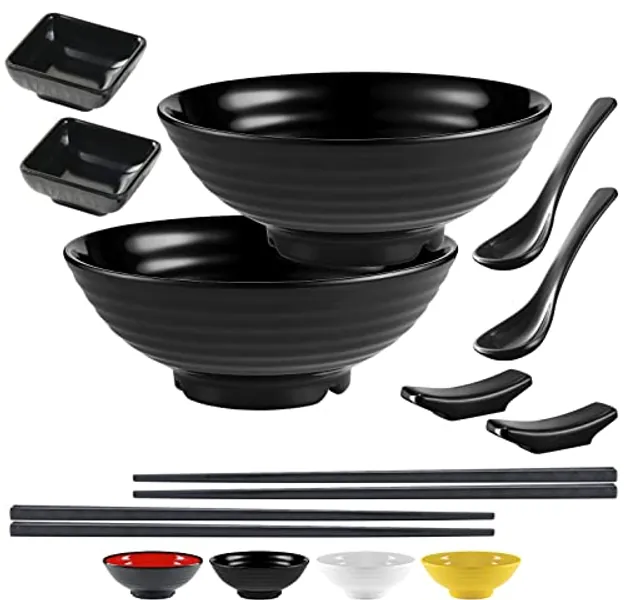 Unbreakable Ramen Bowl Set with Chopsticks and Spoon: 2 large Japanese Style Melamine Ramen Bowls, Dipping Bowls and Chopstick Stands for Asian Pho Soup Thai Miso Udon Wonton (2 Bowl Set, Black)