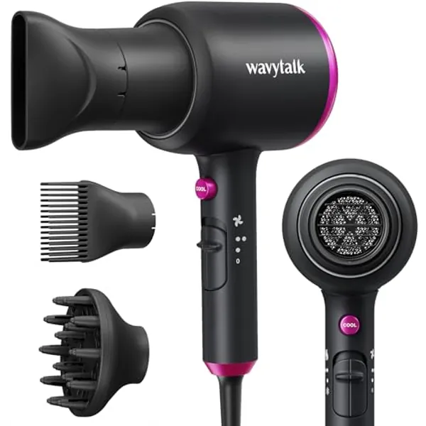Wavytalk Professional Hair Dryer with Diffuser, 1875W Blow Dryer Ionic Hair Dryer for Women with Constant Temperature, Hair Dryer with Ceramic Technology Fasting Drying Light and Quiet, Black