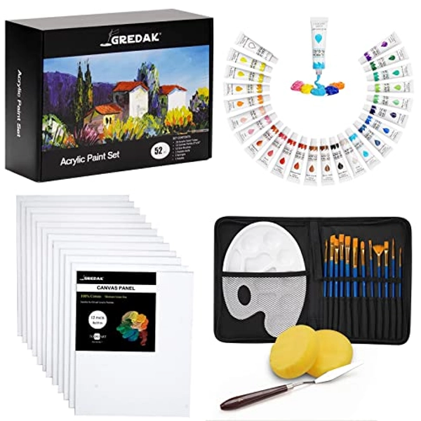 Gredak Deluxe Painting kit, 52pcs of 8x10in-12pcs of Canvases for Painting, 24 Acrylic Paint Set,12 Paint Brushes, 1 Palette Knife, 2 Sponges, 1 Palette，Art Supplies for Kids, and Adults