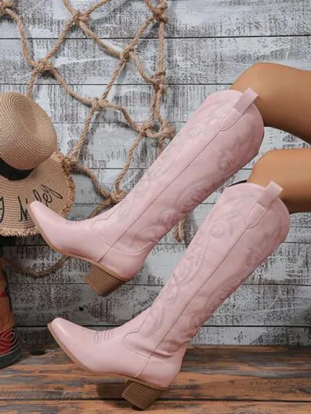 Women's 2024 New Pink Fashionable Over The Knee & Western Style Boots With Embroidery, Spring And Autumn