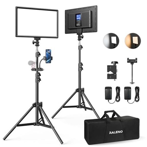 RALENO LED Video Kamera Licht, 2 Pack 384 LED Sanftes Videoleuchte mit 79" Einstellbarer Stativ Handtasche, 3200-5600K Zweifarbige Helligkeit(0-100%) Dimmbar CRI95 für YouTube Fotografie Studioset