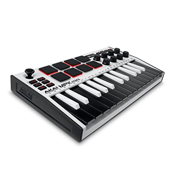 AKAI Professional MPK Mini MK3 – 25-Tasten USB MIDI Keyboard Controller, 8 hintergrundbeleuchtete Drum Pads, 8 Regler, Musikproduktion-Software, Farbe Weiß