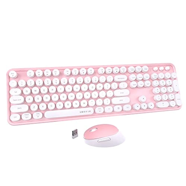 UBOTIE Colorful Computer Wireless Keyboard Mouse Combos, Typewriter Flexible Keys Office Full-Sized Keyboard, 2.4GHz Dropout-Free Connection and Optical Mouse (Pink-White)