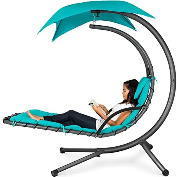 Best Choice Products Outdoor Hanging Curved Steel Chaise Lounge Chair Swing w/Built-in Pillow and Removable Canopy - Teal
