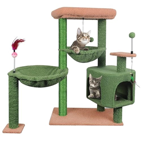 YOUPET 33.46" Cactus Cat Tree Tower with Cat Condo and Scratching Post for Indoor Cats,Activity Center Cat Furniture with Two Big Hammock and Replacement Spring Balls,Green