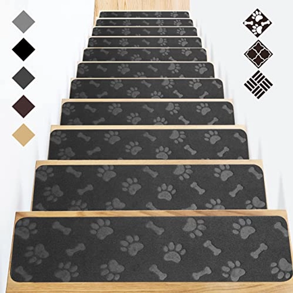 Carpet Stair Treads for Wooden Steps Indoor with Self Adhesive - Felt Stair Carpet Treads Grip Strips - 15 Pack Stair Runners Staircase Step Treads for Elders, Kids, Pet Dogs, Black 8X30