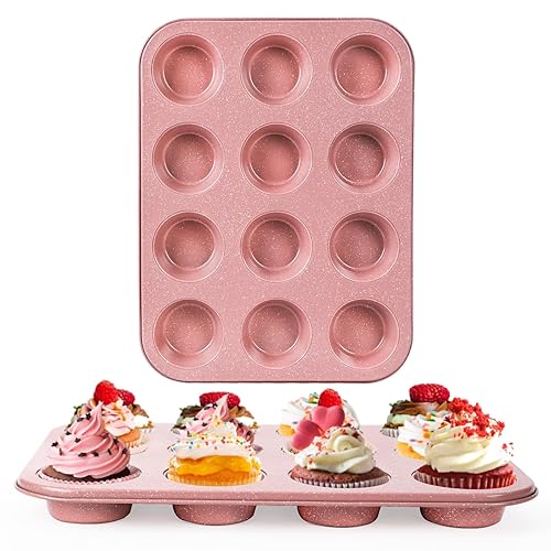 Spmarkt 2-Pack Pink Nonstick Muffin Pans, 12-Cup Muffin Cake Pan, 5-Layer Free PFOA/PFOS/PTFE Safe Cupcake Pan, Durable & Easy-Clean Muffin Cup for Baking - Pink