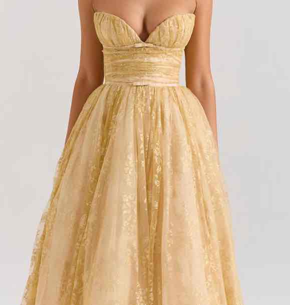 Madame Gold Metallic Lace Tulle Midi Gown