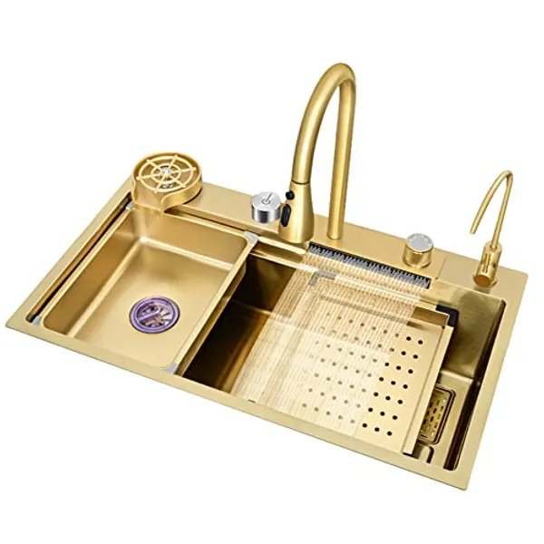 Kitchen Sink,Raindance Waterfall Sink,304 Stainless Steel Sink,Domestic Sink Set,Integrated Sink with Removable Faucet,Gold (80×45×21cm)