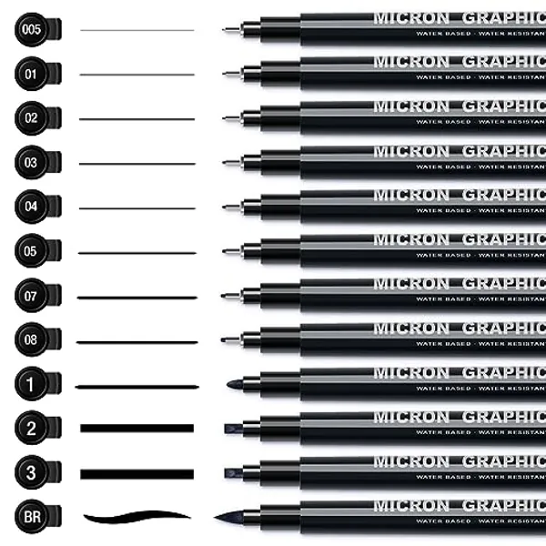 AKARUED Fineliner Schwarz Stifte, 12 Stück Fineliner Set Schwarz, Wasserfest Tuschestifte zum Skizzieren, Permanent Pigment Liner zum Bullet Journal Künstler Illustration, Tchnische Zeichnung