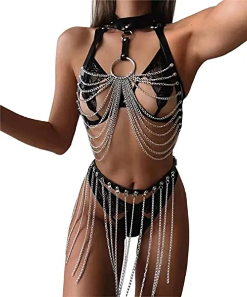 Punk Leather Body Chain Adjustable Waist Chain Belt Belly Chains Rave Nightclub Party Body Accessories for Women and Girls