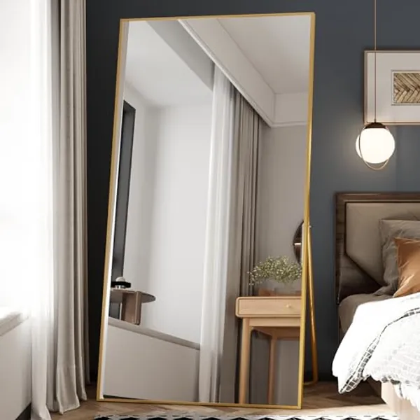 Beauty4U 76" x 37" Large Full Length Mirror with Stand, Gold Wall Mounting Full Body Tempered Mirror, Metal Frame Full-Length Mirror for Living Room, Bedroom