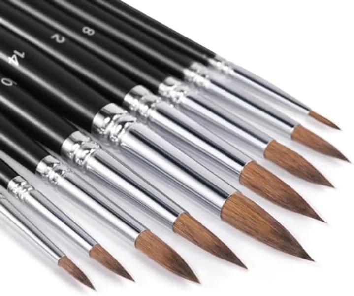 Sable Watercolour Brushes 9pcs, Fuumuui Detail to Mop Kolinsky Sable Brushes Round Pointed Professional Watercolour Brushes Perfect for Watercolour Gouache Acrylic Ink Painting Black