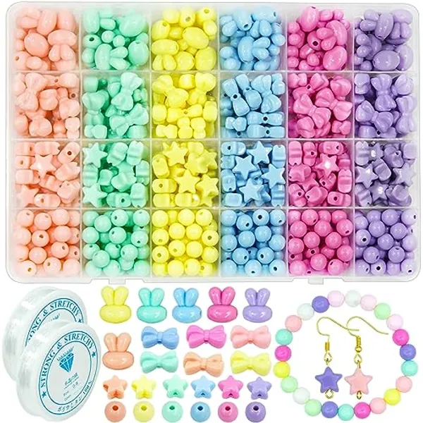 480 Pcs Bunny Bead Acrylic Star Candy Bead Cute Bow-Knot Bead, Assorted Round Circle Bead Aesthetic Pastel Rabbit Kandi Bead for Girl Women DIY Craft Bracelet Earring Necklace Jewelry Making (E)