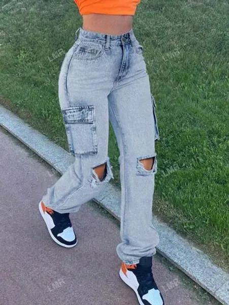 Cut Out Flap Pocket Cargo Jeans